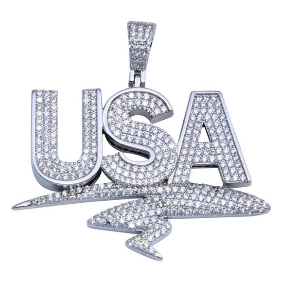 Sterling Silver 925 Rhodium Plated CZ USA Hip Hop Pendant